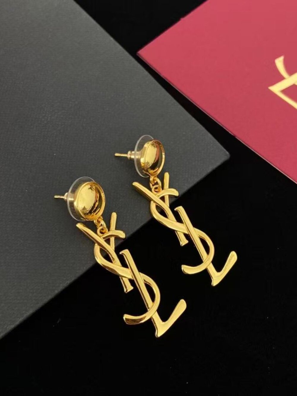 YSL Gold-Tone Large Logo Drop Earrings